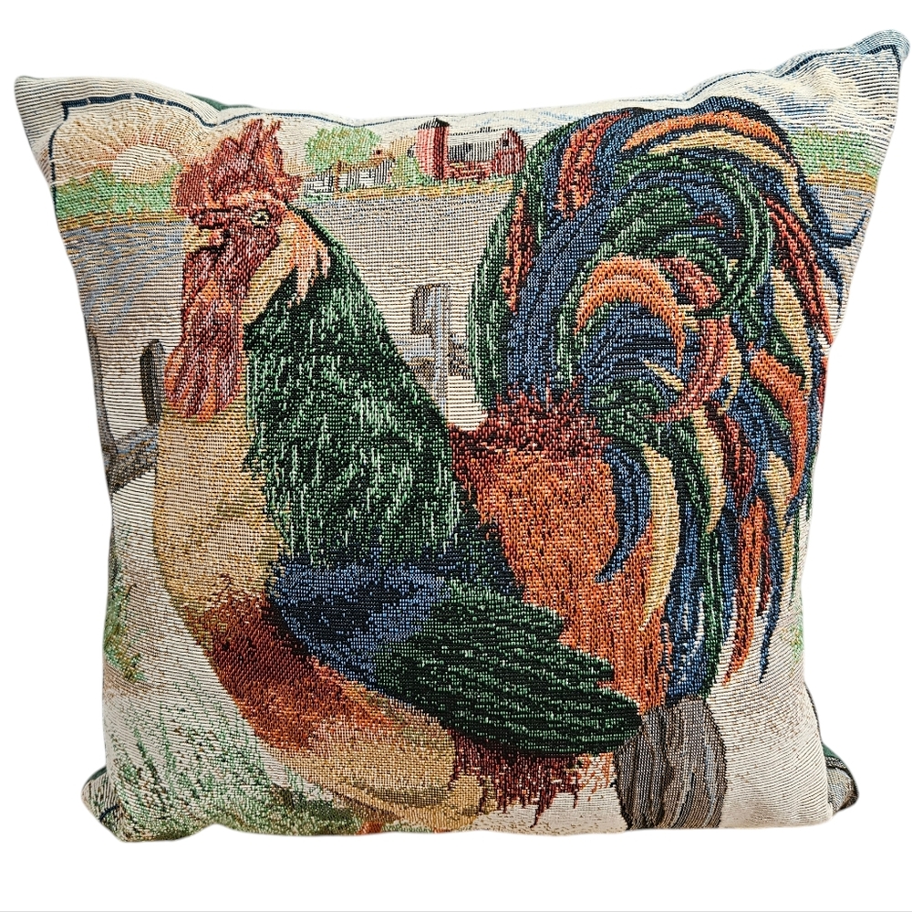 Rooster Tapestry Pillow French Country Multi Colors
